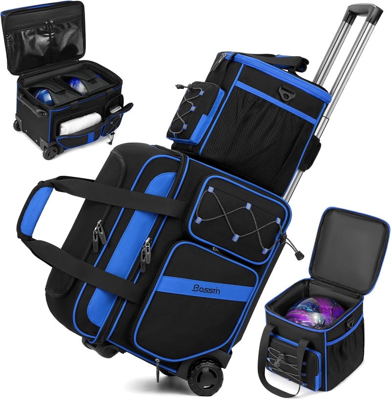 BOSSTIN 3 Ball Bowling Bag with Wheels, 2 Ball Bowling Bags Double roller with 1 Ball Add On Bag, Multi-Pockets & Shoe Compartment (Fits Up to Size 15) - Image 1